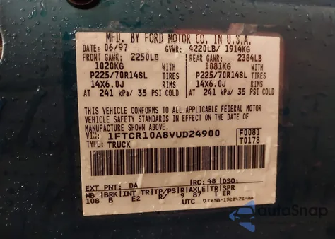 1997 Ford Ranger Splash/Xl/Xlt из США, поврежденный, VIN 1FTCR10A8VUD24900